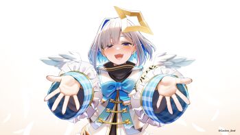  1girl :d aiguillette amane_kanata amane_kanata_(1st_costume) angel_wings armband black_shirt blue_bow blue_bowtie blue_hair bob_cut bow bowtie casino_(casinoep) colored_inner_hair commentary_request cropped_jacket crying crying_with_eyes_open feathered_wings flying_teardrops grey_hair grey_jacket halo happy_tears highres hololive jacket long_sleeves looking_at_viewer mini_wings multicolored_hair open_hands open_mouth outstretched_arms paid_reward_available pink_streaks sailor_collar shirt short_hair simple_background single_hair_intake sleeve_cuffs smile solo star_halo straight-on tears teeth tilted_halo turtleneck upper_body upper_teeth_only vest virtual_graduation_commemoration virtual_youtuber white_background white_sailor_collar white_vest white_wings wide_sleeves wings 