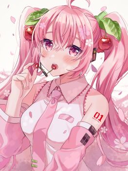  1girl ahoge arm_tattoo bare_shoulders blush breasts character_name cherry cherry_blossoms cherry_hair_ornament collarbone collared_shirt commentary_request detached_sleeves flower food food-themed_hair_ornament fruit hachikawa_mitsu hair_ornament hatsune_miku headset highres holding holding_cherry holding_food holding_fruit long_hair long_sleeves looking_at_viewer medium_breasts necktie number_tattoo open_mouth pink_eyes pink_hair pink_nails pink_necktie sakura_miku shirt sleeveless sleeveless_shirt solo tattoo twintails upper_body very_long_hair vocaloid white_shirt white_trim wide_sleeves  rating:Sensitive score:2 user:danbooru