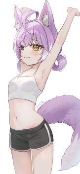  1girl ahoge animal_ear_fluff animal_ears armpits arms_up artist_name artist_request black_shorts blue_eyes blush camisole closed_mouth commentary_request cowboy_shot crop_top dolphin_shorts fox_ears fox_girl fox_tail hair_rings heterochromia highres korean_commentary navel purple_hair raised_inner_eyebrows second-party_source short_shorts shorts simple_background solo spaghetti_strap standing stellive stomach stretching tail tenko_shibuki virtual_youtuber white_background white_camisole yellow_eyes 