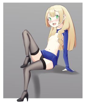  1girl absurdres black_thighhighs braid breasts commentary embarrassed english_commentary flat_chest green_eyes high_heels highres lillie_(pokemon) murahanasaki nintendo nipples panties pokemon pokemon_sm small_breasts thighhighs topless_female twin_braids underwear 