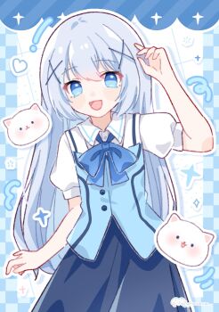 1girl :d black_skirt blue_bow blue_bowtie blue_eyes blue_hair blue_vest blush_stickers bow bowtie child collared_shirt commentary cowboy_shot drop_shadow gochuumon_wa_usagi_desu_ka? hair_ornament hand_up highres kafuu_chino long_hair looking_at_viewer open_mouth outline rabbit shirt short_sleeves skirt smile tippy_(gochiusa) vest white_outline white_shirt x_hair_ornament yukomeow