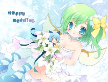 2girls alternate_costume bare_shoulders blue_eyes blue_hair blush bouquet bow breasts bride choker cirno cleavage daiyousei dress fairy_wings feathers flower green_hair hair_bow hair_ornament jewelry kokorominton lily_(flower) mini_person minigirl multiple_girls open_mouth pendant side_ponytail small_breasts smile star_(symbol) touhou upskirt wedding_dress white_dress wings zun's_wedding