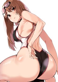1girl ass ass_focus back blush breasts brown_hair competition_swimsuit curvy eyewear_on_head goddess_of_victory:_nikke highleg highleg_one-piece_swimsuit huge_ass large_breasts long_hair looking_back mamedenkyuu_(berun) one-piece_swimsuit rapi_(classic_vacation)_(nikke) rapi_(nikke) red_eyes shiny_skin simple_background sitting skindentation solo swimsuit thick_thighs thighs white_background wide_hips rating:Sensitive score:71 user:danbooru