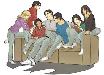  2girls 5boys batgirl batman batman_(series) black_hair black_hoodie blonde_hair blue_shirt book brother_and_sister brothers bruce_wayne cassandra_cain collared_shirt couch couple damian_wayne dark_skin dc_comics denim dick_grayson family father_and_daughter father_and_son green_hoodie hood hoodie jason_todd jeans matching_outfits multiple_boys multiple_girls nightwing open_book pants ponytail purple_shirt reading red_hood_(dc) red_hoodie red_robin red_shirt robin_(dc) shirt shoes siblings sitting socks spoilers stephanie_brown tim_drake transparent_background white_shoes  rating:General score:12 user:nrt