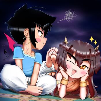  1boy 1girl armlet arms_between_legs barefoot black_hair blush_stickers brown_eyes brown_hair closed_mouth demon_tail demon_wings earrings elbow_rest fang feet frostyneko hand_on_own_cheek hand_on_own_face highres hoop_earrings indian_style jewelry lying on_stomach open_mouth original pants short_sleeves sidelocks sitting soles sparkle tail the_pose toes white_pants wings wristband 