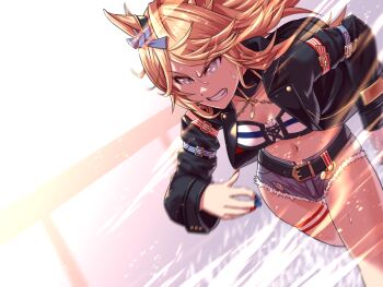  1girl animal_ears bandeau belt black_belt black_jacket blonde_hair blue_bow blue_eyes bow breasts chain clenched_teeth collarbone commentary_request cutoffs denim denim_shorts ear_bow gloves gold_chain gold_city_(authentic/1928)_(umamusume) gold_city_(umamusume) horse_ears horse_girl jacket long_hair long_sleeves medium_breasts midriff multicolored_nails navel open_clothes open_jacket open_mouth peeta running shorts single_glove solo strapless striped_bandeau sweat teeth textless_version tube_top umamusume 