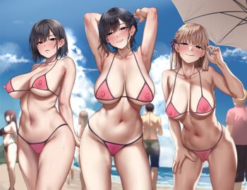  2boys 5girls absurdres adjusting_hair armpits arms_up beach beach_umbrella bikini black_bikini black_eyes black_hair black_male_swimwear blue_sky blush bodypaint braid breasts brown_hair cleft_of_venus cloud collarbone commentary_request completely_nude day exhibitionism faceless faceless_female female_pubic_hair hand_on_own_thigh harukawa_syuria_(jack_dempa) highres huge_breasts huge_filesize jack_dempa large_breasts leaning_forward light_brown_hair long_hair looking_at_viewer male_swimwear miyamae_shiho_(jack_dempa) mole mole_on_breast mole_on_thigh mole_under_eye multiple_boys multiple_girls naked_paint navel nipples nude ocean original outdoors painted_clothes pink_bikini pleated_skirt presenting_armpit pubic_hair public_indecency public_nudity pussy short_hair shorts skirt sky smile standing sweat swimsuit umbrella watanabe_ayasa_(jack_dempa)  rating:Explicit score:243 user:danbooru