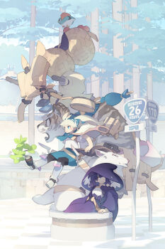  2girls akitsu_taira arm_support bird black_hair blonde_hair blue_bird_(akitsu_taira) blue_eyes blue_shorts bright_pupils commentary_request highres izumi_luna_(akitsu_taira) long_hair long_sleeves multiple_girls original outdoors road_sign short_sleeves shorts sign sitting sumilet_(akitsu_taira) tree white_pupils 