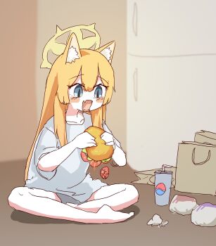  1girl absurdres alternate_costume animal_ear_fluff animal_ears bag barefoot blue_archive blush burger burger_malfunction cat_ears collarbone commentary_request cup drinking_straw fang food hair_between_eyes halo highres holding holding_burger holding_food indian_style long_hair long_sidelocks mari_(blue_archive) off_mode_mari_(blue_archive)_(ojibi) ojibi orange_hair paper_bag pepsi refrigerator shirt short_sleeves sidelocks sitting skin_fang slit_pupils solo tomato tomato_slice white_shirt wrapped_burger yellow_halo 