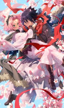  1boy 1girl arms_around_neck black_boots black_bow black_hair black_hairband blue_sky boots bow carrying cherry_blossoms commentary_request couple falling_petals floral_print floral_print_kimono flower green_eyes grey_eyes grey_hakama hair_between_eyes hair_bow hairband hakama haruno_sakura hetero highres japanese_clothes kimono lilithbloody looking_at_another naruto_(series) naruto_shippuuden parted_bangs petals pink_flower pink_hair pink_kimono pink_petals princess_carry print_kimono red_scarf scarf short_hair sky uchiha_sasuke wide_sleeves 