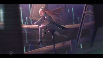  1girl absurdres aemeath_(wuthering_waves) artist_logo bare_shoulders commentary floating_hair gloves highres letterboxed logo long_hair pink_hair ponytail qurami sitting sky solo star_(sky) starry_sky thighs white_gloves wide_shot wuthering_waves 