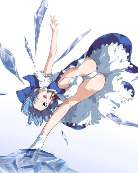  1girl ass blue_eyes blue_hair cirno embodiment_of_scarlet_devil eto feet female_focus foreshortening hair_ribbon highres kneepits legs matching_hair/eyes one_eye_closed panties pantyshot ribbon sakura_sora short_hair socks solo touhou underwear upskirt wink  rating:Questionable score:30 user:danbooru