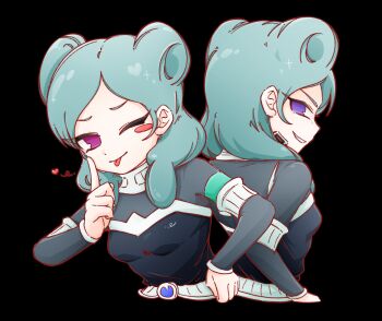  1girl ;p aqua_hair belt beta_(inazuma_eleven) bodysuit breasts commentary double_bun finger_to_own_chin grey_bodysuit grey_shirt hair_bun highres inazuma_eleven_(series) inazuma_eleven_go inazuma_eleven_go_chrono_stone jiang_qi0315 medium_breasts multiple_views one_eye_closed purple_eyes shirt smile smirk tongue tongue_out white_belt 