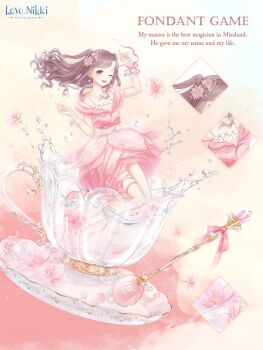  1girl artist_request bare_legs bare_shoulders bead_bracelet beads bracelet brown_hair camisole close-up collarbone cup diamond_(shape) dress floating flower flower_dress fondant_game_(miracle_nikki) frilled_wrist_cuffs frills full_body hair_flower hair_ornament happy high_heels in_container in_cup jewelry kuroneko_(pink-rori) lace_wrist_cuffs leg_ribbon long_hair miracle_nikki multiple_bracelets nikki_(series) no_socks off-shoulder_dress off_shoulder official_art one_eye_closed petals pink_dress pink_flower pink_shoes ribbon saucer shoes short_dress short_sleeves single_wrist_cuff solo spaghetti_strap splashing swept_bangs teacup teaspoon thigh_ribbon third-party_source two_side_up water water_drop wavy_hair white_camisole white_wrist_cuffs wrist_cuffs wrist_ribbon yellow_background 