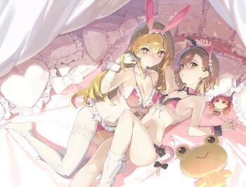  2girls absurdres adjusting_hair animal_ear_hairband animal_ears armpits asymmetrical_bangs bikini blonde_hair breasts brown_eyes brown_hair cat_ears character_doll cleavage commentary_request doll elbow_gloves fake_animal_ears frilled_bikini frills front-tie_bikini_top front-tie_top gekota gloves hair_between_eyes hairband highres huge_filesize large_breasts looking_at_viewer lying misaka_mikoto multiple_girls nezumidoshi on_bed pink_bikini rabbit_ears shirai_kuroko shokuhou_misaki small_breasts socks spider_web_print star-shaped_pupils star_(symbol) stuffed_animal stuffed_frog stuffed_toy swimsuit symbol-shaped_pupils thighhighs toaru_kagaku_no_railgun toaru_majutsu_no_index white_gloves white_socks white_thighhighs wrist_cuffs yellow_eyes 