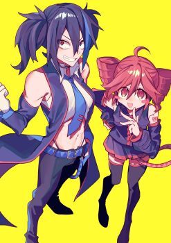  2girls absurdres ahoge belt blue_eyes blue_hair blush_stickers boots clenched_hand coat collared_shirt constricted_pupils detached_sleeves drill_hair full_body gloves grin hand_in_pocket hand_on_own_hip headphones headset heterochromia highres kasane_teto kasane_teto_(utau) long_sleeves looking_at_viewer looking_to_the_side midriff multicolored_hair multiple_girls navel necktie open_clothes open_coat open_mouth pants panty_straps pink_eyes pink_hair pleated_skirt red_eyes sharp_teeth shirt skirt sleeveless sleeveless_coat sleeveless_shirt smile streaked_hair sty_(stylishtrash) teeth thigh_boots twin_drills twintails utau v-shaped_eyebrows yellow_background yokune_ruko 