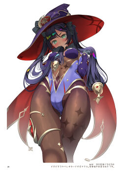 1girl asahina_hikage black_hair blue_leotard blush bow breasts cameltoe capelet covered_navel earrings genshin_impact gloves green_eyes hair_bow hair_ornament hat highleg highleg_leotard highres jewelry leotard loincloth long_hair looking_at_viewer looking_down mona_(genshin_impact) page_number pantyhose shiny_clothes simple_background skin_tight small_breasts thigh_strap twintails white_background witch_hat rating:Sensitive score:59 user:danbooru