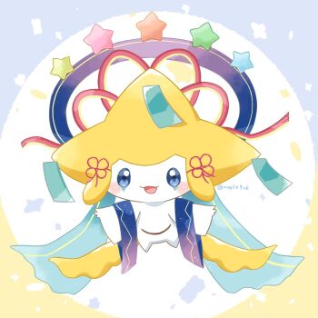  blue_eyes blush commentary_request floating full_body gen_3_pokemon highres jirachi jirachi_(wishing_star) kana_(maple926) legendary_pokemon mythical_pokemon nintendo no_humans open_mouth pokemon pokemon_(creature) pokemon_cafe_remix ribbon smile solo star_(symbol) twitter_username 