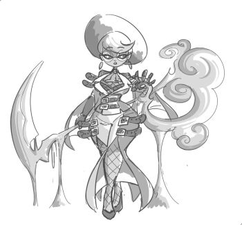 1girl 2019 altjira_(gemu) arm_strap ascot bell-bottoms breasts chest_strap cleavage commentary curvy dark-skinned_female dark_skin earrings elbow_gloves english_commentary female_focus fishnet_thighhighs fishnet_top fishnets flats full_body gloves gold grey_background hat holding holding_scythe holding_weapon jewelry joints lapels large_breasts long_sleeves looking_at_viewer mechanical_arms monochrome narrow_waist notched_lapels open_mouth original pants peachems_(gemu) robot_joints scythe shirt short_hair simple_background single_mechanical_arm smoke solo sun_hat sunglasses teeth thick_thighs thighhighs thighs tinted_eyewear two-tone_shirt upper_teeth_only weapon wide_hips wide_sleeves