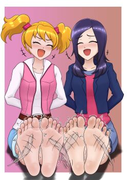  +++ 2girls :d arms_behind_back barefoot belt blonde_hair blue_jacket blue_shorts blue_skirt blush border brown_background brown_belt closed_eyes collarbone collared_vest commentary commission denim denim_shorts facing_viewer feathers feet flickmann_ss foot_focus fresh_precure! furrowed_brow gradient_background hair_between_eyes hair_ornament hair_scrunchie higashi_setsuna highres jacket lapels laughing long_hair long_sleeves medium_hair miniskirt momozono_love multiple_girls on_floor open_clothes open_jacket open_mouth open_vest outstretched_legs parted_bangs pink_background pink_scrunchie pink_vest pixiv_commission precure red_shirt scrunchie shirt shorts sitting skirt smile soles tickling tickling_feet toes trembling twintails two-tone_background vest white_border white_feathers white_shirt 