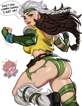  1boy 1girl ass blushyspicy bone_necklace bra braid breasts brown_hair chibi commentary cover_sketch english_commentary gambit gloves green_bra green_eyes green_gloves green_headband green_loincloth headband highres jewelry large_breasts long_hair looking_at_viewer marvel marvel_rivals multicolored_hair navel rogue rogue_(savage_south)_(x-men) rogue_(x-men) torn_clothes two-tone_hair underwear white_hair x-men 