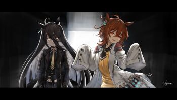 2girls agnes_tachyon_(tach-nology)_(umamusume) agnes_tachyon_(umamusume) ahoge animal_ears black_choker black_coat black_hair black_necktie black_shirt black_skirt brown_hair choker closed_mouth coat collared_shirt commentary_request cork ear_tag earrings hair_between_eyes highres horse_ears horse_girl jewelry lab_coat long_bangs long_hair long_hair_between_eyes long_sleeves looking_at_viewer manhattan_cafe_(creeping_shadow)_(umamusume) manhattan_cafe_(umamusume) medium_hair mugen_kageno multicolored_hair multiple_girls necktie parted_lips red_eyes shirt short_necktie single_earring skirt sleeves_past_fingers sleeves_past_wrists smile sweater sweater_vest umamusume white_coat white_hair wolf_cut yellow_eyes yellow_necktie yellow_sweater yellow_sweater_vest 