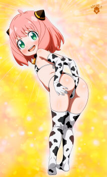 1girl absurdres abyzr.n ahoge animal_print anya_(spy_x_family) ass bell bikini cameltoe collar cow_print cow_print_bikini cow_print_thighhighs flat_chest from_behind full_body green_eyes hairpods highres loli looking_at_viewer medium_hair neck_bell print_bikini print_thighhighs smile solo spy_x_family standing swimsuit thighhighs thighs white_thighhighs  rating:Questionable score:71 user:CunnyInc