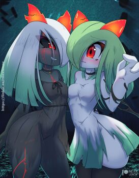  2girls artist_name bare_shoulders black_choker black_dress black_sclera black_skin black_thighhighs blush breast_press breasts choker closed_mouth collarbone colored_sclera colored_skin cowboy_shot crack cross cross_pasties dress dual_persona eye_contact female_focus gen_3_pokemon gradient_hair grass green_hair grin groin hair_over_one_eye hand_up happy heart heart-shaped_pupils kirlia long_hair looking_at_another maebari multicolored_hair multiple_girls navel neon_trim nintendo no_bra no_panties nose_blush off-shoulder_dress off_shoulder one_eye_covered pasties patreon_logo patreon_username pokemon pokemon_(creature) raised_eyebrows red_eyes rilex_lenov see-through_clothes see-through_dress short_dress side_slit sidelocks slime_(substance) small_breasts smile standing stomach symbol-shaped_pupils symmetrical_docking symmetry teeth thick_thighs thighhighs thighs torn_clothes torn_dress two-tone_hair watermark wavy_mouth web_address white_dress white_hair white_skin wide_hips yuri 