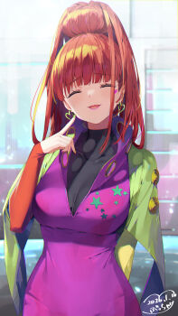  1girl absurdres blunt_bangs bucchake_(asami) closed_eyes earrings gnosia hair_between_eyes heart heart_earrings heart_tattoo high_ponytail highres jewelry long_hair long_sleeves looking_at_viewer nail_polish ponytail red_hair simple_background smile solo sq_(gnosia) tattoo upper_body 