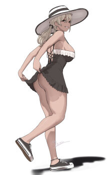  1girl ass back_cutout bare_legs black_dress black_hat black_shoes black_sneakers blonde_hair breasts brown_eyes clothes_lift clothing_cutout colorized dress earrings frill_trim frilled_dress frills full_body gyaru hat highres jewelry large_breasts large_hat long_hair looking_at_viewer miyamoto_issa no_panties scrunchie seductive_gaze seductive_smile shoes simple_background skirt skirt_lift smile sneakers solo standing strap sun_hat tagme twintails two-tone_hat upskirt white_background white_hat 