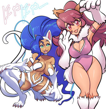 2girls animal_ears armpits bare_shoulders blue_hair breasts cat_ears cat_tail cleavage_cutout clothing_cutout crossover dark-skinned_female dark_skin darkstalkers felicia_(darkstalkers) green_hair highres large_breasts leotard long_hair missandydandy multiple_girls perisie_(star_ocean) pink_eyes pink_hair sleeveless star_ocean star_ocean:_first_departure tail white_fur