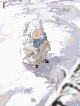  1girl =_= breath coat commentary elf frieren grey_hair highres long_hair long_sleeves outdoors parted_bangs pointy_ears raberu_ruru shadow snow snow_on_head snowing solo sousou_no_frieren squatting twintails white_coat 