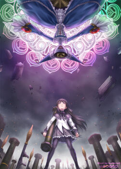  2girls akemi_homura akemi_homura_(magical_girl) artist_name black_hair black_pantyhose black_skirt blue_dress bracelet burbur corset dress from_below frown highres holding holding_weapon jewelry long_hair long_sleeves looking_up magical_girl mahou_shoujo_madoka_magica mahou_shoujo_madoka_magica_(anime) multiple_girls pantyhose purple_eyes ribbon rocket_launcher rpg_(weapon) shirt skirt thighhighs walpurgisnacht_(madoka_magica) weapon white_shirt witch_(madoka_magica) 