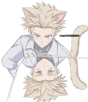  1boy absurdres animal_ears annoyed aqua_eyes blonde_hair bodysuit cat_ears cat_tail colored_eyebrows colored_eyelashes commentary_request grey_shirt highres kemonomimi_mode lab_coat looking_at_viewer male_focus millions_knives mirror one737428390075 shirt simple_background spiked_hair tail trigun trigun_stampede upper_body white_background 