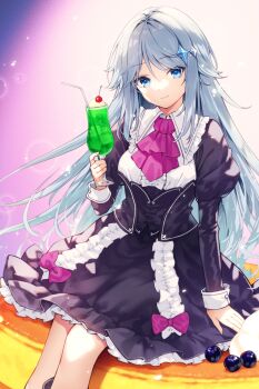  1girl absurdres black_dress blue_eyes blush bow breasts commission cup dress food frilled_dress frills grey_hair highres hirano_katsuyuki holding holding_cup long_hair long_sleeves looking_at_viewer medium_breasts original oversized_food oversized_object pancake purple_bow sitting skeb_commission smile solo 