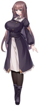  1girl :o black_dress black_pantyhose blue_eyes blush boots breasts brown_hair chestnut_mouth dress full_body game_cg hair_ribbon highres hinase_sheffield_kamishirouzu huge_breasts kutan large_breasts large_variant_set long_hair long_sleeves looking_at_viewer non-web_source official_art open_mouth pantyhose puffy_sleeves ribbon seimetsu_reiki_etherea self-datamine simple_background solo standing tachi-e transparent_background variant_set very_long_hair 