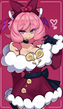  1girl absurdres alternate_costume black_choker black_gloves bow breasts choker cleavage dress drill_hair drill_sidelocks eyeshadow flipped_hair fur-trimmed_dress fur_trim gloves hair_bow hairband hand_up highres klara_(pokemon) large_breasts long_sleeves makeup medium_breasts missandydandy mole mole_under_mouth nintendo off-shoulder_dress off_shoulder pink_eyeshadow pink_hair pink_lips pokemon pokemon_swsh purple_eyes red_bow red_dress santa_costume santa_dress short_hair sidelocks smile solo white_trim 