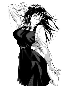  1girl alternate_breast_size_(larger) breasts chainsaw_man commentary cowboy_shot dress facial_scar fourth_east_high_school_uniform frown greyscale highres holding holding_sword holding_weapon large_breasts long_hair miyajiwm monochrome narrow_waist pinafore_dress pleated_dress ringed_eyes scar scar_on_cheek scar_on_face scar_on_nose school_uniform sleeveless sleeveless_dress solo sword weapon yoru_(chainsaw_man) 