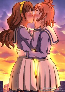  2girls amanogawa_kirara blue_serafuku blush brown_hair building city cloud couple closed_eyes female_focus from_side go!_princess_precure hair_ornament hairband hand_on_another's_cheek hand_on_another's_face hand_up haruno_haruka hug kiss long_hair long_sleeves multiple_girls orange_hair outdoors pleated_skirt precure sailor_collar school_uniform serafuku short_hair skirt sky standing sunset tagme the_dark_mangaka twilight white_sailor_collar yellow_hairband yuri  rating:Sensitive score:94 user:Recoil