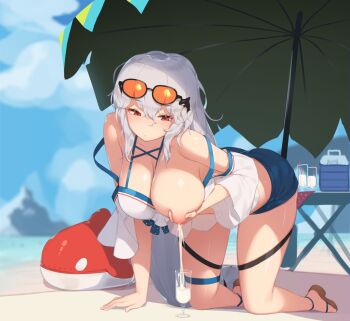  1girl all_fours alternate_costume arknights bare_shoulders beach breasts breasts_squeezed_together cleavage closed_mouth grabbing_own_breast hair_between_eyes hand_on_own_chest highres lactation large_breasts long_hair looking_down milk milking nipples outdoors pepper0 red_eyes sandals short_shorts shorts silver_hair skadi_(arknights) skadi_(waverider)_(arknights) solo sunglasses sunglasses_on_head thigh_strap  rating:Questionable score:415 user:milkypuppy