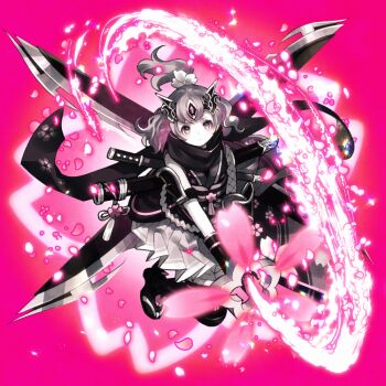  1girl commentary_request fire fishnet_sleeves fishnets flaming_sword flaming_weapon full_body fuuma_shuriken hair_ornament holding holding_sword holding_weapon kazehaya_sakura kokuzu long_hair looking_at_viewer ninja nyanko_daisensou partially_colored petals pink_background pink_petals serious sheath shuriken simple_background solo sword weapon 