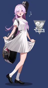  1girl :d ahoge alternate_costume blue_background blush bracelet character_name chinese_commentary choker commentary_request dress ear_piercing earrings elf flying_sweatdrops full_body guitar_case high-waist_skirt highres instrument_case jewelry loafers long_hair looking_at_viewer neckerchief noco_(pixiv14976070) open_mouth original parted_bangs piercing pink_eyes pink_hair pink_neckerchief pleated_skirt pointy_ears purple_eyes purple_hair purple_neckerchief sailor_collar school_uniform serafuku shirt shoes short_sleeves simple_background skirt smile socks solo standing white_choker white_sailor_collar white_serafuku white_shirt white_skirt white_socks 