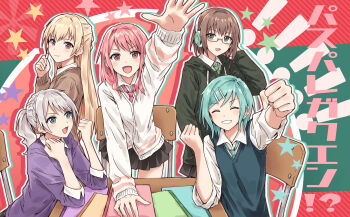 5girls :d aqua_hair aqua_necktie arm_up bang_dream! bang_dream!_girls_band_party! black_skirt blonde_hair blue_eyes blue_sweater_vest braid brown_hair brown_sweater cardigan commentary crown_braid green_eyes green_hoodie green_necktie grey_hair hair_ornament hairclip half_updo highres hikawa_hina hood hoodie long_sleeves looking_at_viewer loose_necktie maruyama_aya medium_hair miniskirt multiple_girls necktie open_mouth parallel_hairclips pastel_palettes_(bang_dream!) pink_eyes pink_hair pink_necktie pleated_skirt ponytail purple_eyes purple_sweater school_uniform shirasagi_chisato short_hair skirt smile star_(symbol) sweater sweater_vest three-quarter_sleeves v-shaped_eyebrows wakamiya_eve white_cardigan yamato_maya yukitake_(bullfalk) 