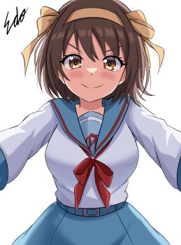  1girl absurdres artist_name blue_sailor_collar blue_skirt blush breasts brown_eyes brown_hair closed_mouth edo-sensei hair_ribbon hairband highres kita_high_school_uniform large_breasts long_sleeves looking_at_viewer outstretched_arm pov red_ribbon ribbon sailor_collar school_uniform serafuku simple_background skirt smile solo suzumiya_haruhi suzumiya_haruhi_no_yuuutsu watermark white_background winter_uniform yellow_hairband yellow_ribbon 