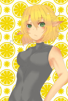  1girl aousa3 blonde_hair blush breasts closed_mouth commentary_request expressionless food fruit fruit_background green_eyes grey_shirt hair_between_eyes half_updo highres lemon lemon_slice long_bangs looking_at_viewer medium_breasts mizuhashi_parsee pointy_ears shirt short_hair sleeveless sleeveless_shirt solo touhou upper_body white_background 