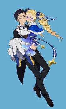  1boy 1girl absurdres beatrice_(re:zero) black_eyes black_hair black_pants blonde_hair blue_background blue_capelet blue_dress blue_eyes blue_ribbon blush boots brown_eyes capelet carrying cheek-to-cheek dress drill_hair formal_clothes frills full_body fur-trimmed_capelet fur_trim grin hair_ornament hair_ribbon hashtag-only_commentary heads_together highres long_hair long_sleeves looking_at_viewer natsuki_subaru pants pantyhose princess_carry purple_eyes re:zero_kara_hajimeru_isekai_seikatsu ribbon shoes short_hair sidelocks simple_background smile striped_ribbon symbol-shaped_pupils tamakiwachi twin_drills 