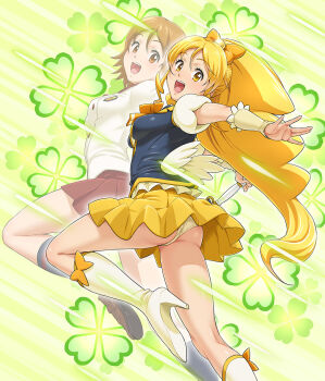  10s 2girls black_socks blonde_hair blush boots brown_eyes brown_hair cure_honey dual_persona eyelashes hair_ornament hair_ribbon happinesscharge_precure! happy high_heel_boots high_heels highres knee_boots kneehighs loafers long_hair looking_at_viewer magical_girl multiple_girls nigou oomori_yuuko open_mouth panties pantyshot ponytail precure puffy_sleeves ribbon school_uniform serafuku shirt shoe_soles shoes short_hair skirt smile socks standing standing_on_one_leg underwear vest wide_ponytail wrist_cuffs yellow_eyes yellow_panties yellow_skirt zoom_layer  rating:Sensitive score:24 user:danbooru