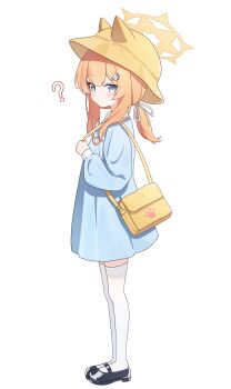 1girl ? absurdres animal_ear_headwear animal_ears bag black_shoes blue_archive blue_eyes blush closed_mouth fake_animal_ears full_body halo hat highres kindergarten_uniform long_hair long_sleeves looking_at_viewer mari_(blue_archive) nonddu orange_hair school_hat shoes shoulder_bag simple_background solo thighhighs white_background white_thighhighs yellow_halo yellow_hat rating:General score:13 user:danbooru