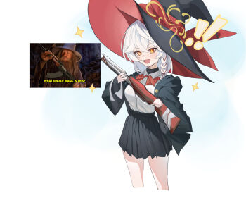  ! !! :d blue_archive bow bowtie braid eri_(blue_archive) gandalf gun halo hat highres jacket long_coat long_hair meme nadenade open_mouth orange_eyes shirt skirt smile sweater the_lord_of_the_rings tolkien's_legendarium weapon white_hair witch_hat 