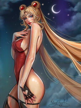  1girl ass bare_back bare_shoulders bishoujo_senshi_sailor_moon black_moon_clan blackfuryart blonde_hair blue_eyes clothing_cutout corruption crescent crescent_facial_mark crescent_moon dark_persona double_bun eyeliner facial_mark fingerless_gloves from_side gloves hair_bun hair_ornament heart_cutout highres leotard lips long_hair makeup moon red_leotard sailor_moon solo thighs tsukino_usagi twintails 